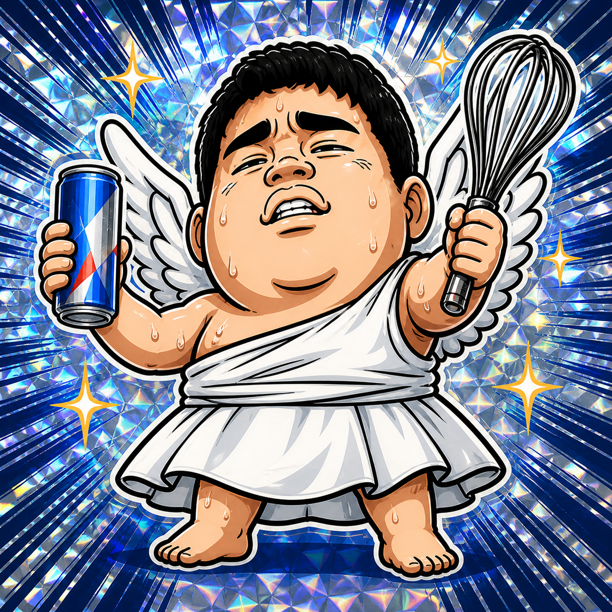 右手にエナジードリンク、左手に泡立て器を持った新井田優人のキャラクターアイコン